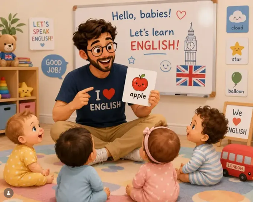 Ilustração do teacher Dereck mostrando um cartão com a palavra apple para bebês sentados em roda
